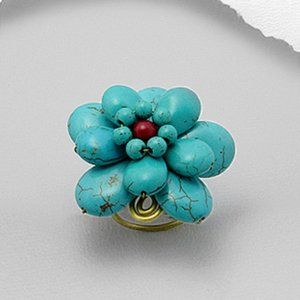 Genuine Turquoise and Red Agate Blossom Ring